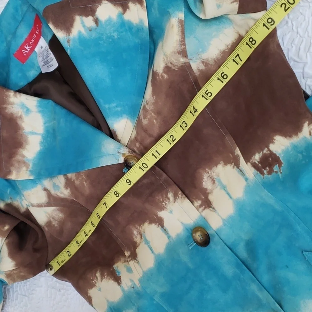 Anne Klein Womens Tie Dye Belted Aqua Blue Ivory Brown Big Collar Trench Coat, M